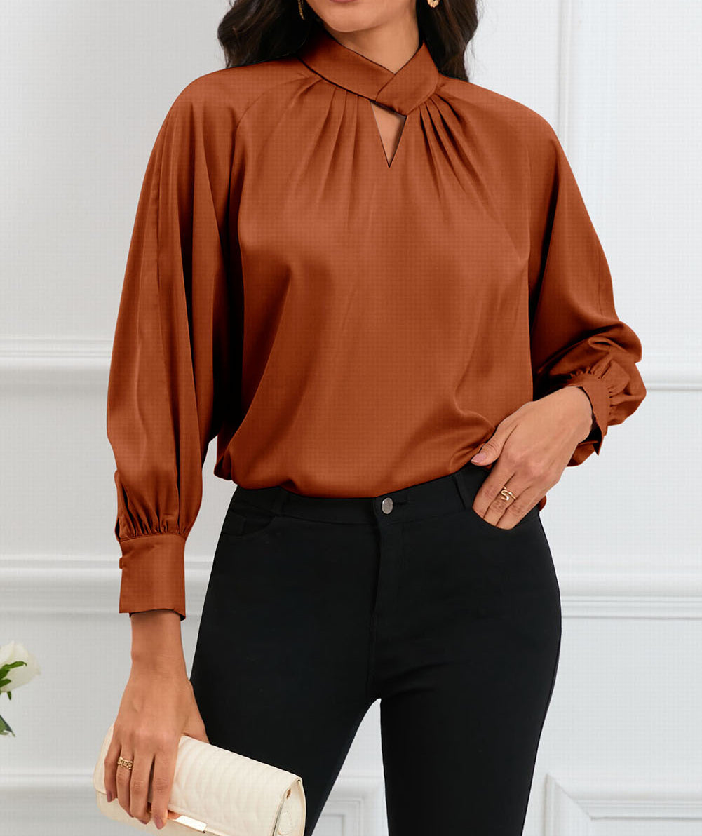 Keyhole Pleated Mock Neck Bishop Sleeve Blouse