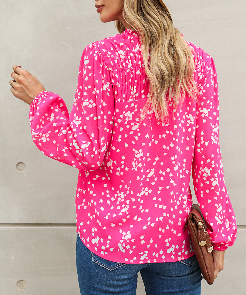 Split Neck Fall Printed Crinkled Blouse