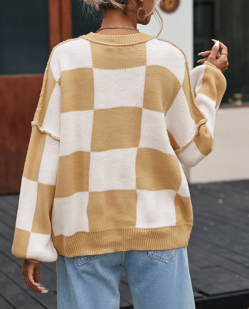 Checkered Bishop Sleeve Sweater