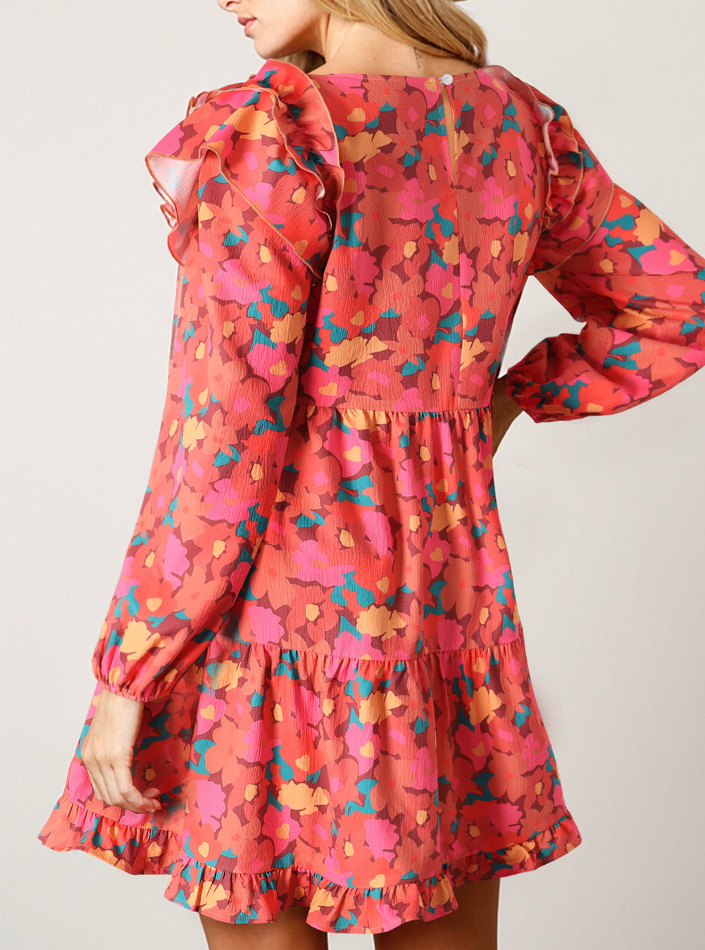 Ruffle Shoulder Long Sleeve Floral Mini Dress