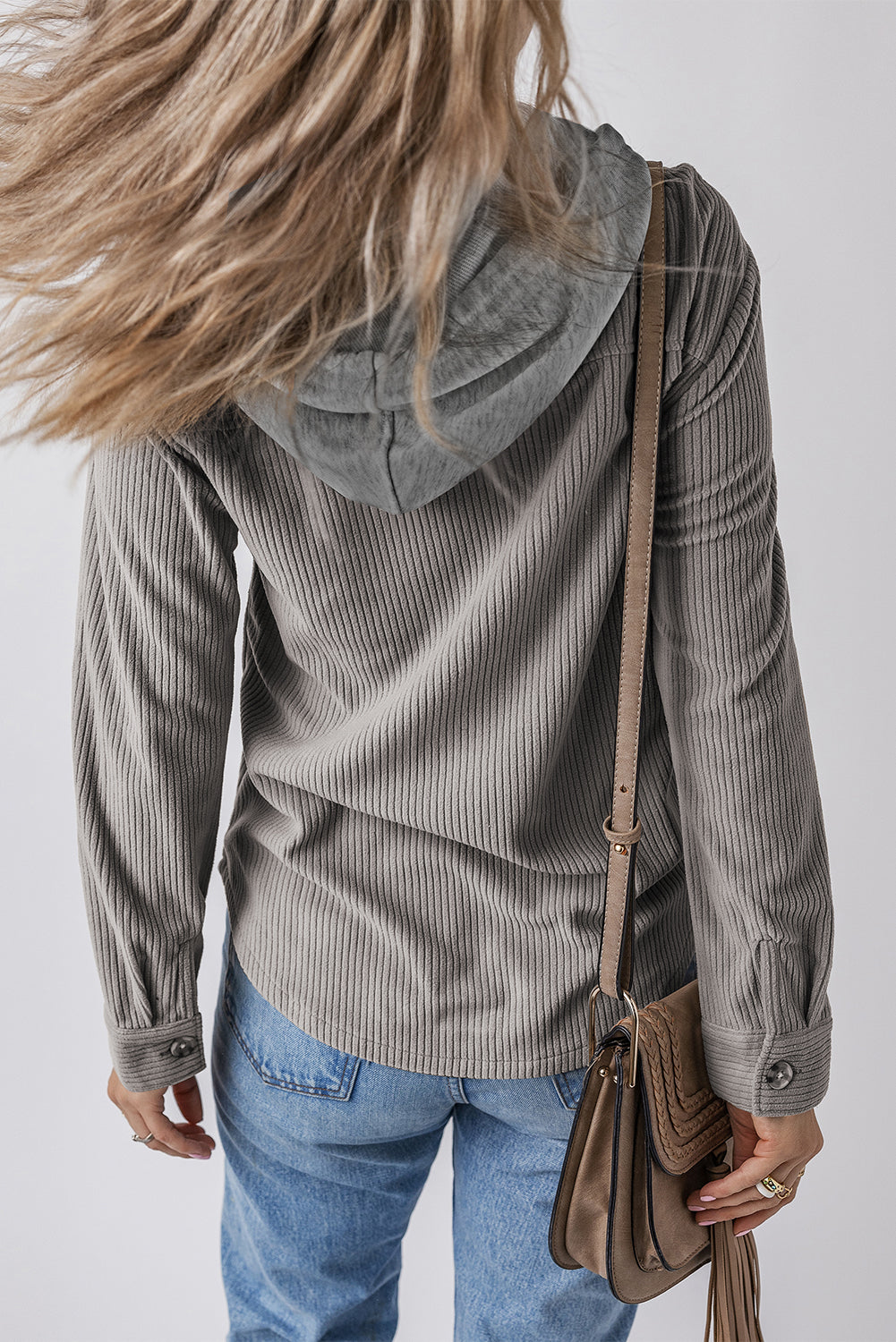 Hooded Drawstring Pockets Corduroy Shacket