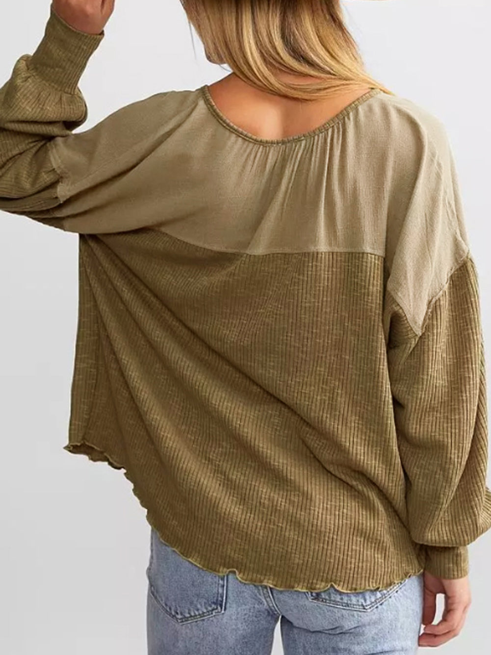 Ribbed Patchwork Drop Shoulder Buttoned Neckline Blouse