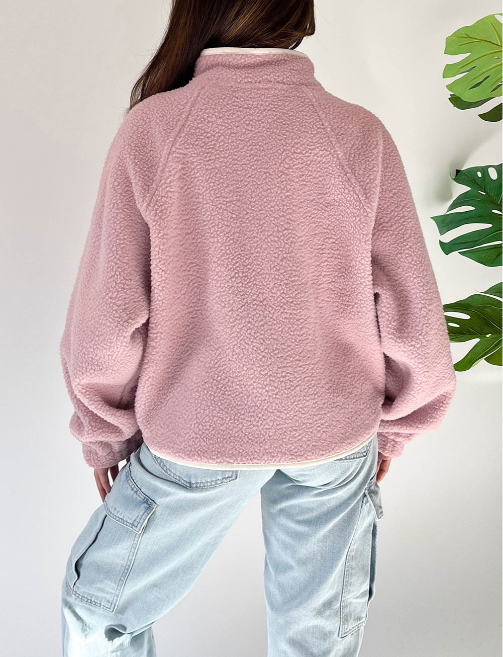 Fushia Stand Neck Half Button Zip Pocket Plush Sweatshirt