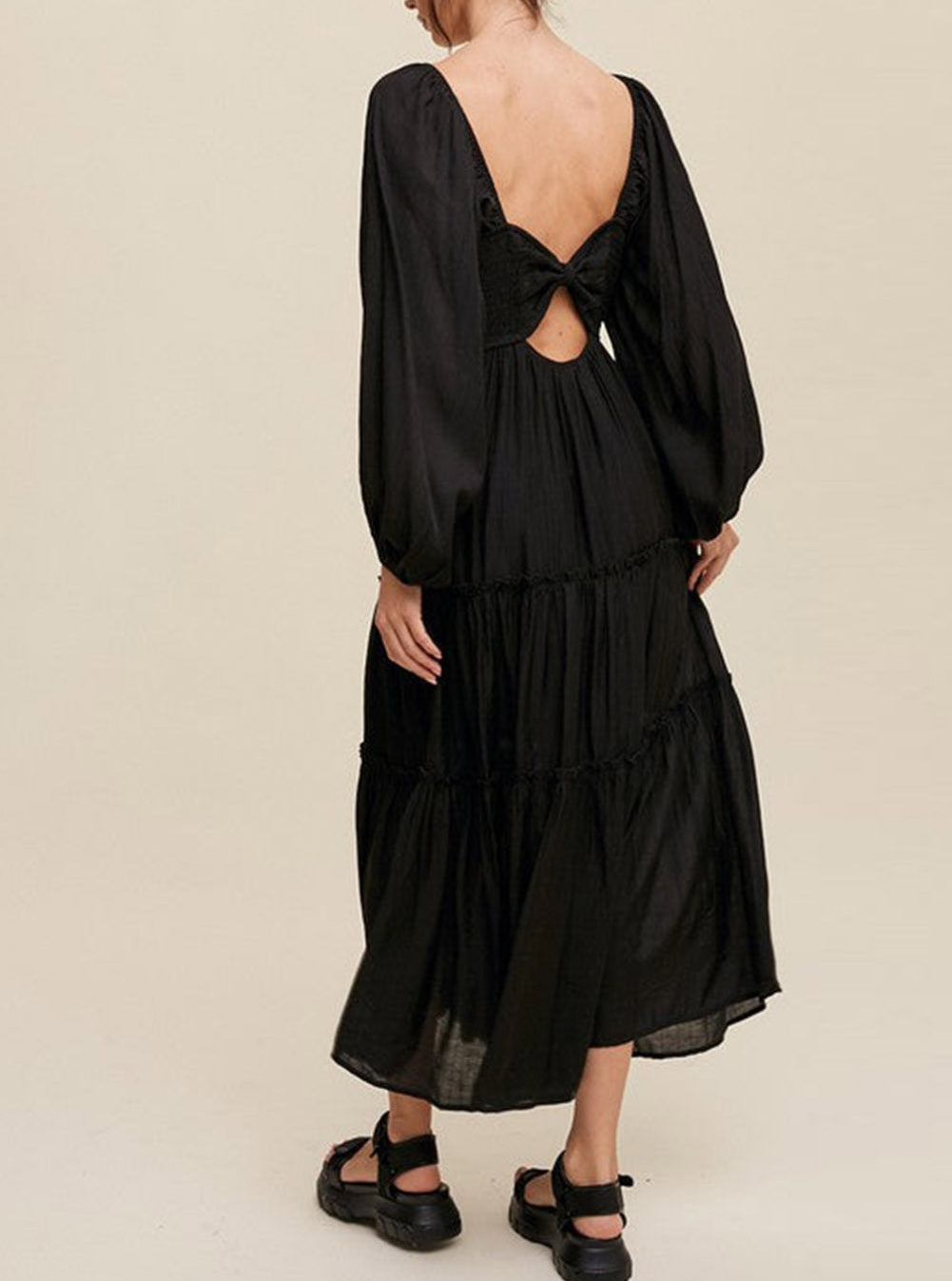 V Neck Bowknot Cutout Frill Tiered Maxi Dress