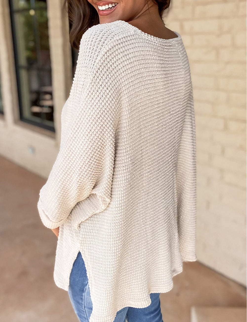 Waffle Knit Side Slits Loose Fit V Neck Top