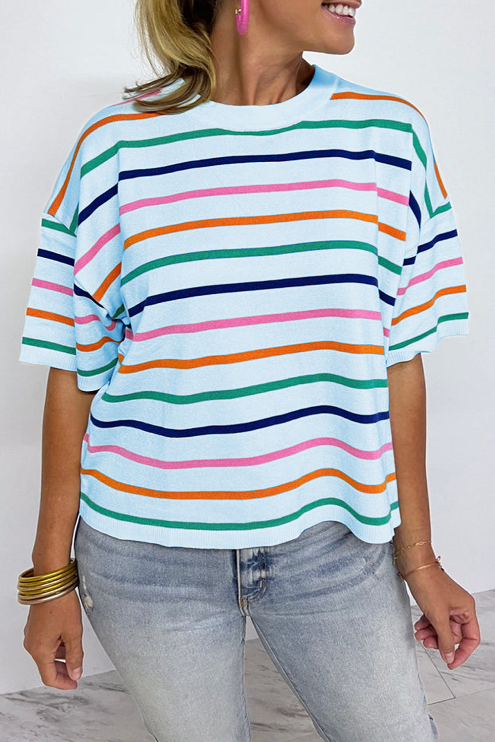 Stripe Dropped Short Sleeve Boxy Fit Knitted Top