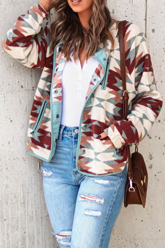 Western Aztec Buttoned Zipper Pockets Fleece Jacket
