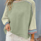 Waffle Knit Wide Bracelet Sleeve Patchwork Raglan Top