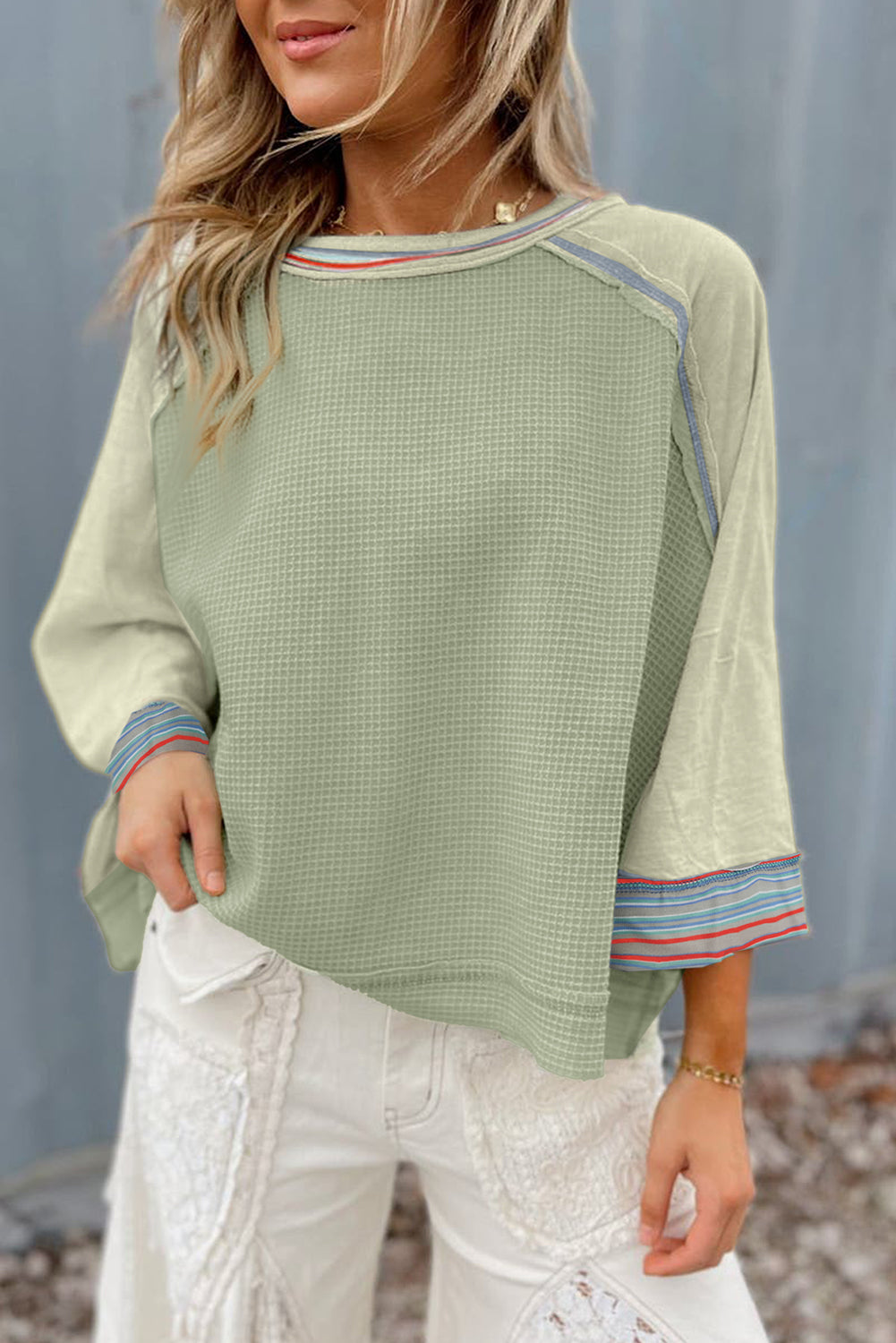 Waffle Knit Wide Bracelet Sleeve Patchwork Raglan Top