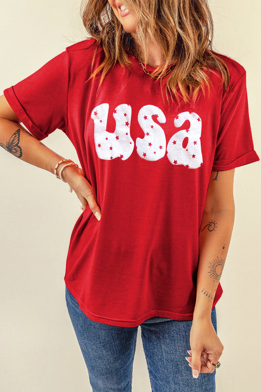 USA Stars Print Round Neck Casual Tee