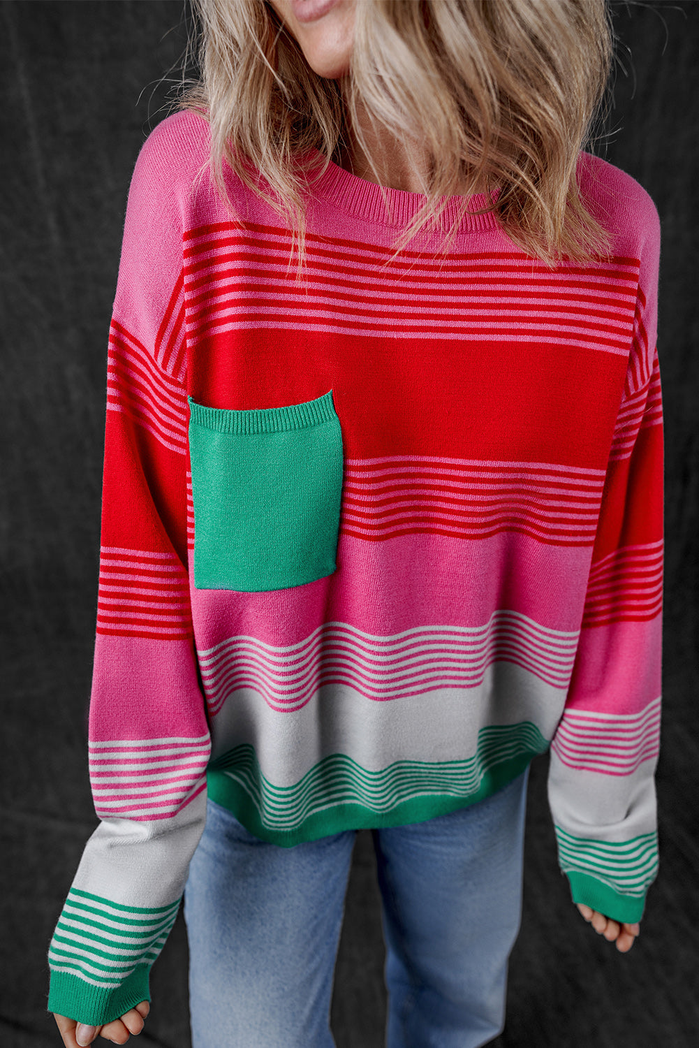 Striped Knit Patch Pocket Drop Shoulder Sweater