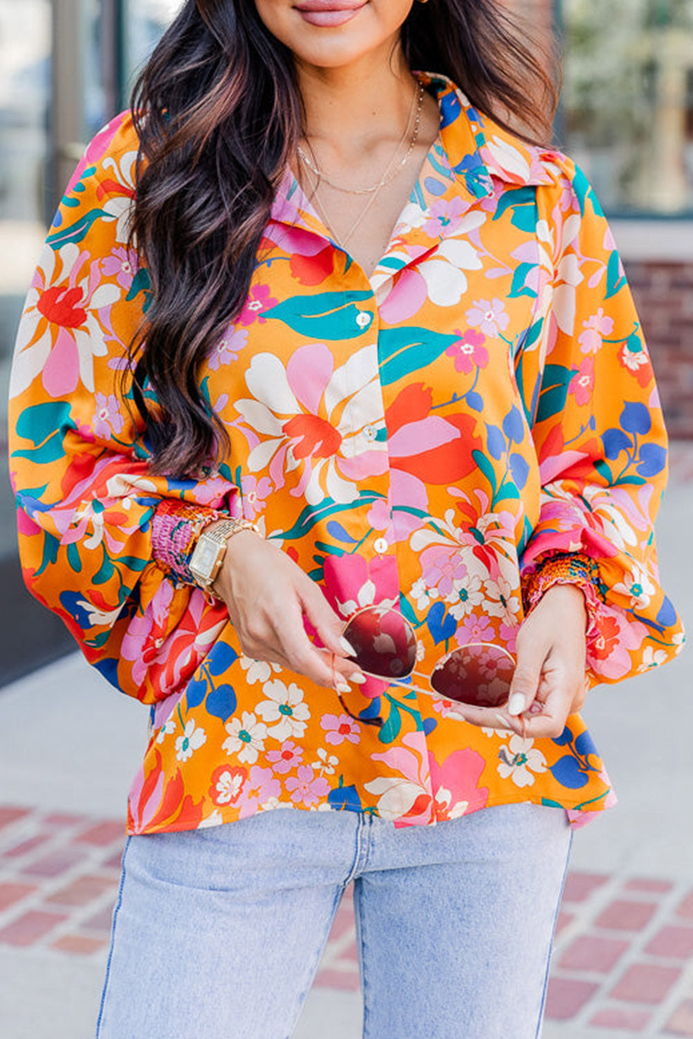 Floral Print Buttons Front Bubble Sleeve Shirt