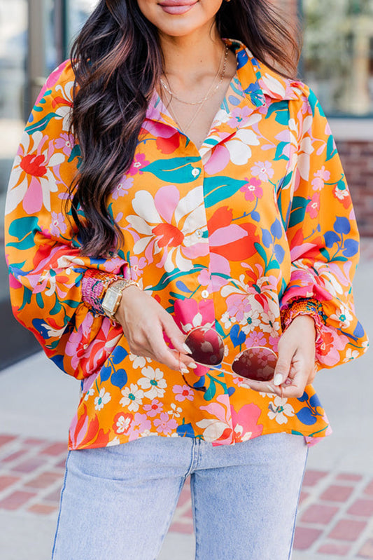 Floral Print Buttons Front Bubble Sleeve Shirt