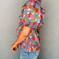 Floral Tie Split Neck Ruffle Puff Sleeve Blouse