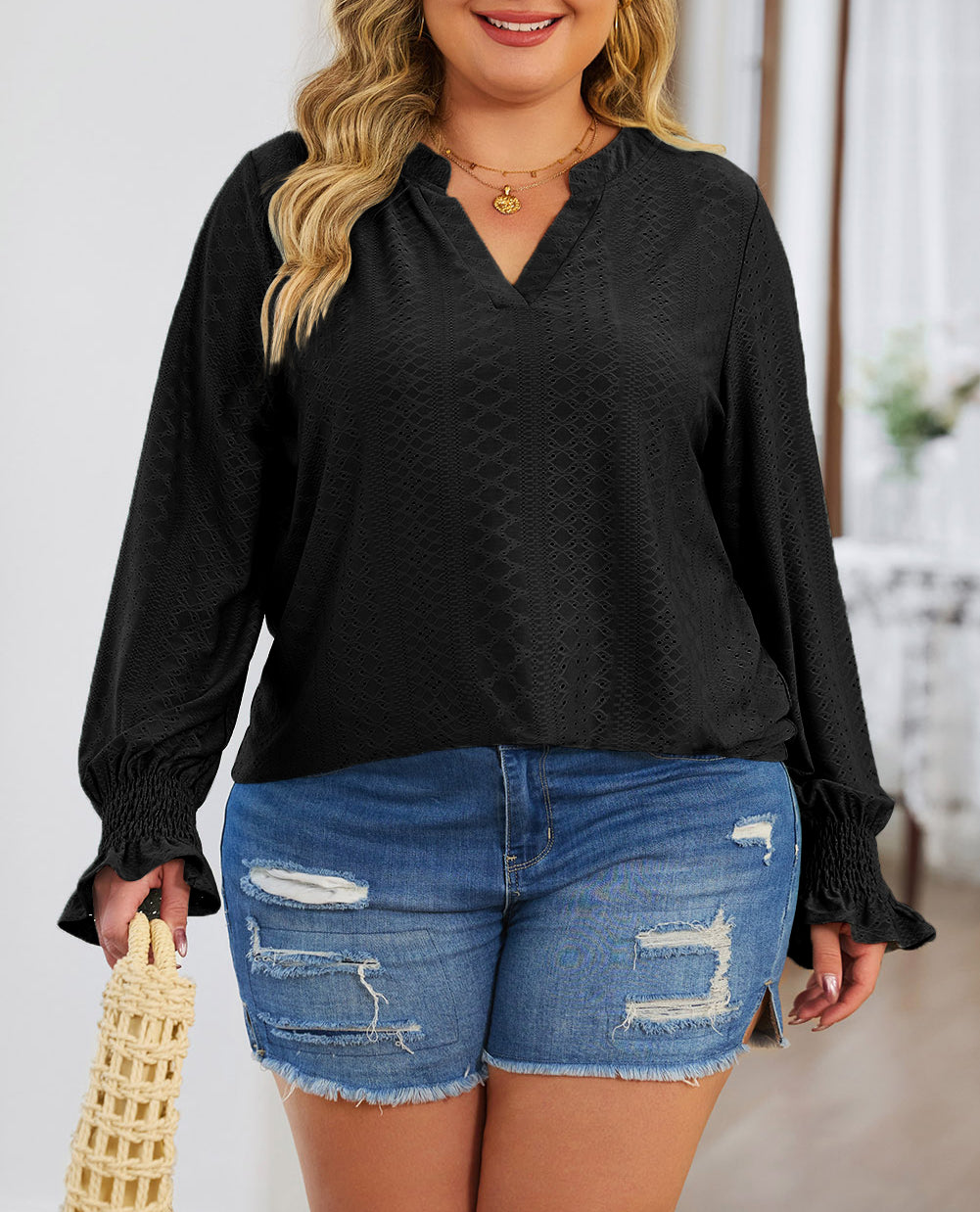 Split Neck Flounce Sleeve Plus Size Blouse