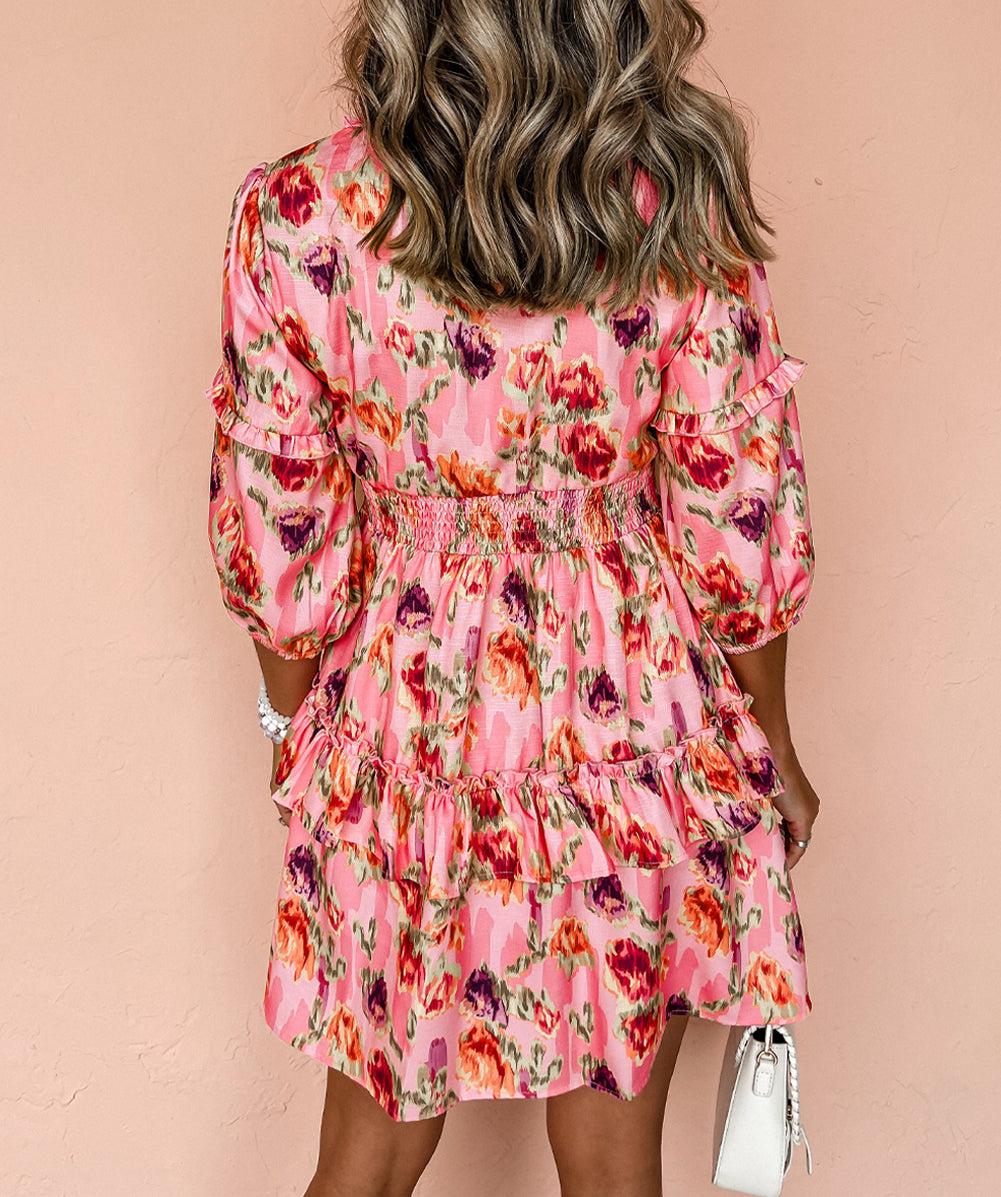 Abstract Print Frilled Smocked High Waist Mini Dress