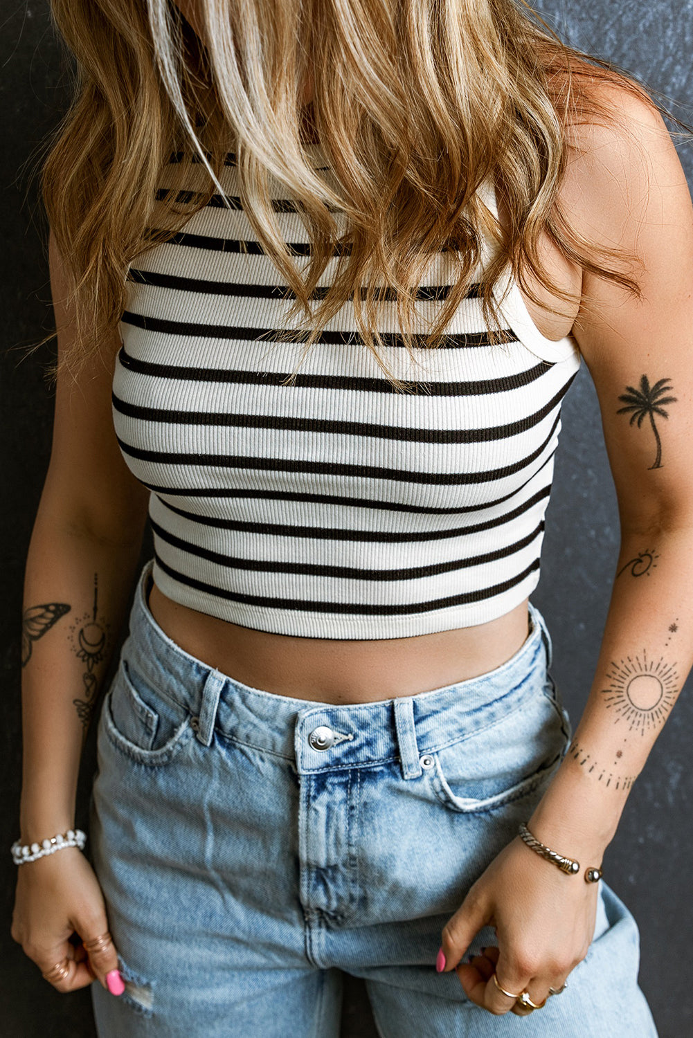 Stripe Round Neck Cropped Slim Tank Top