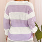 Striped Knit Button Ribbed Split Neck Sweater