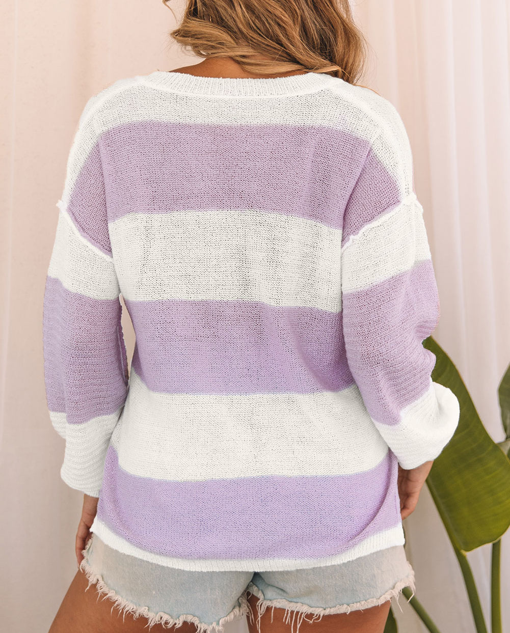 Striped Knit Button Ribbed Split Neck Sweater
