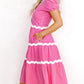 Ric Rac Trim Short Puff Sleeve Flowy Midi Dress