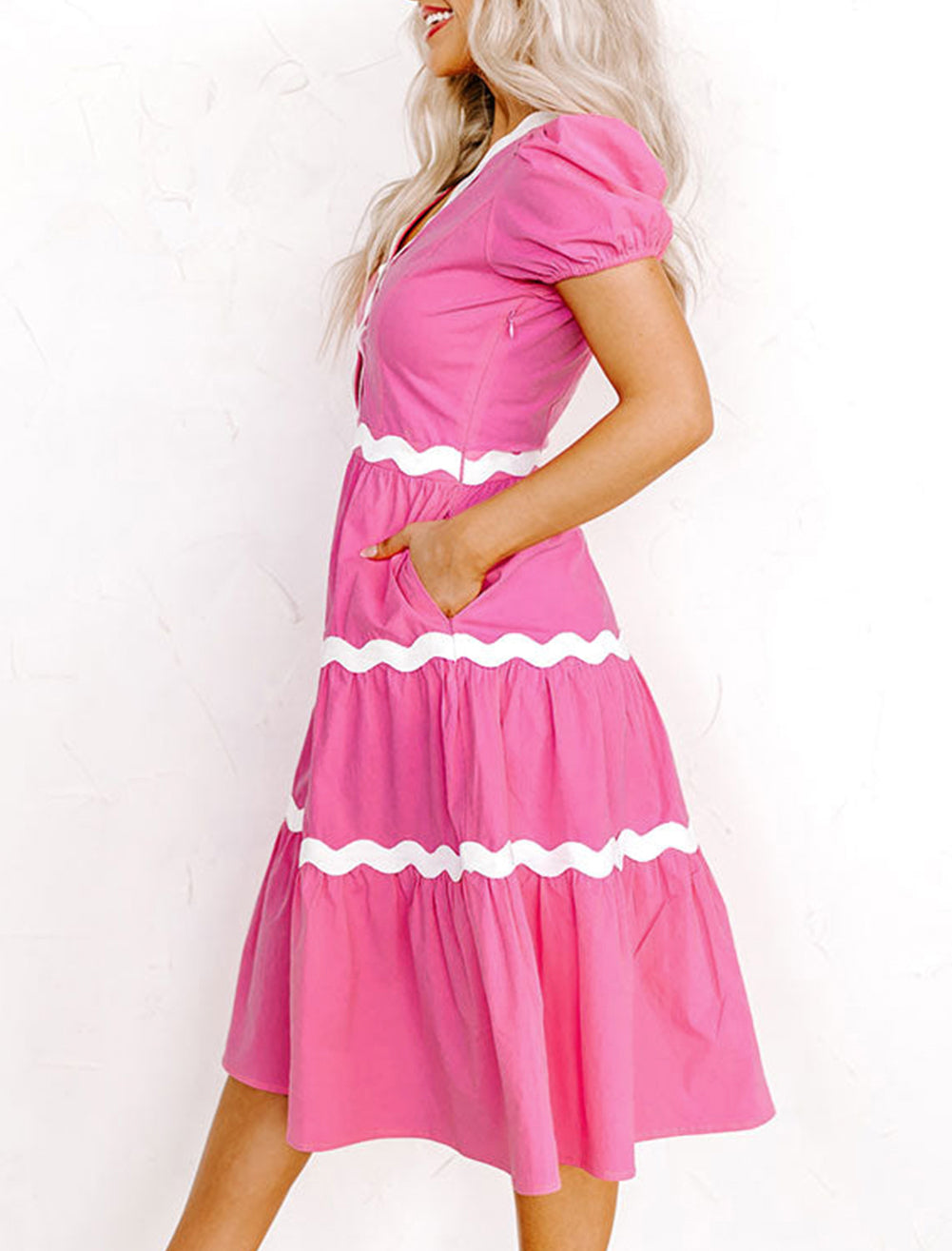 Ric Rac Trim Short Puff Sleeve Flowy Midi Dress