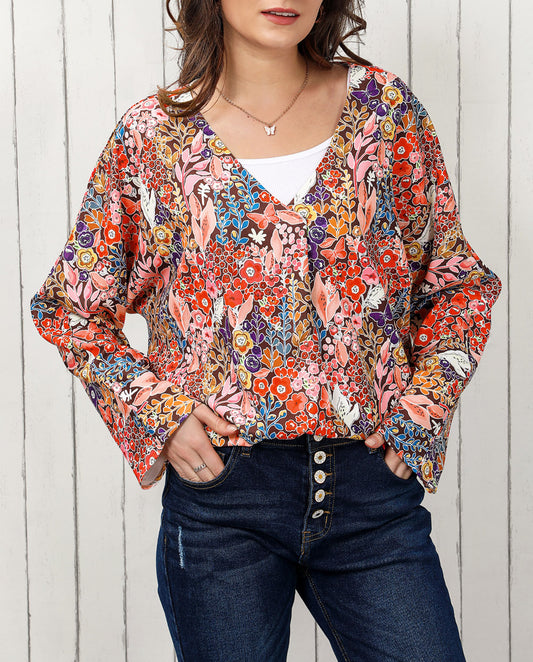 Boho Floral Long Sleeve V-Neck Blouse