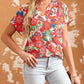 Red Floral Split Neck Top