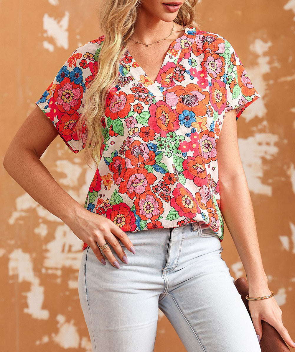 Red Floral Split Neck Top