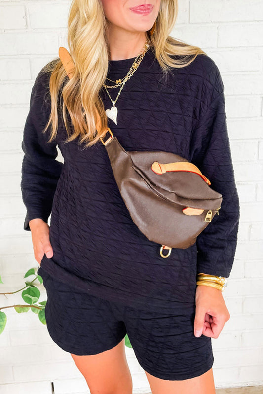 Textured Long Sleeve Top Shorts Outfit