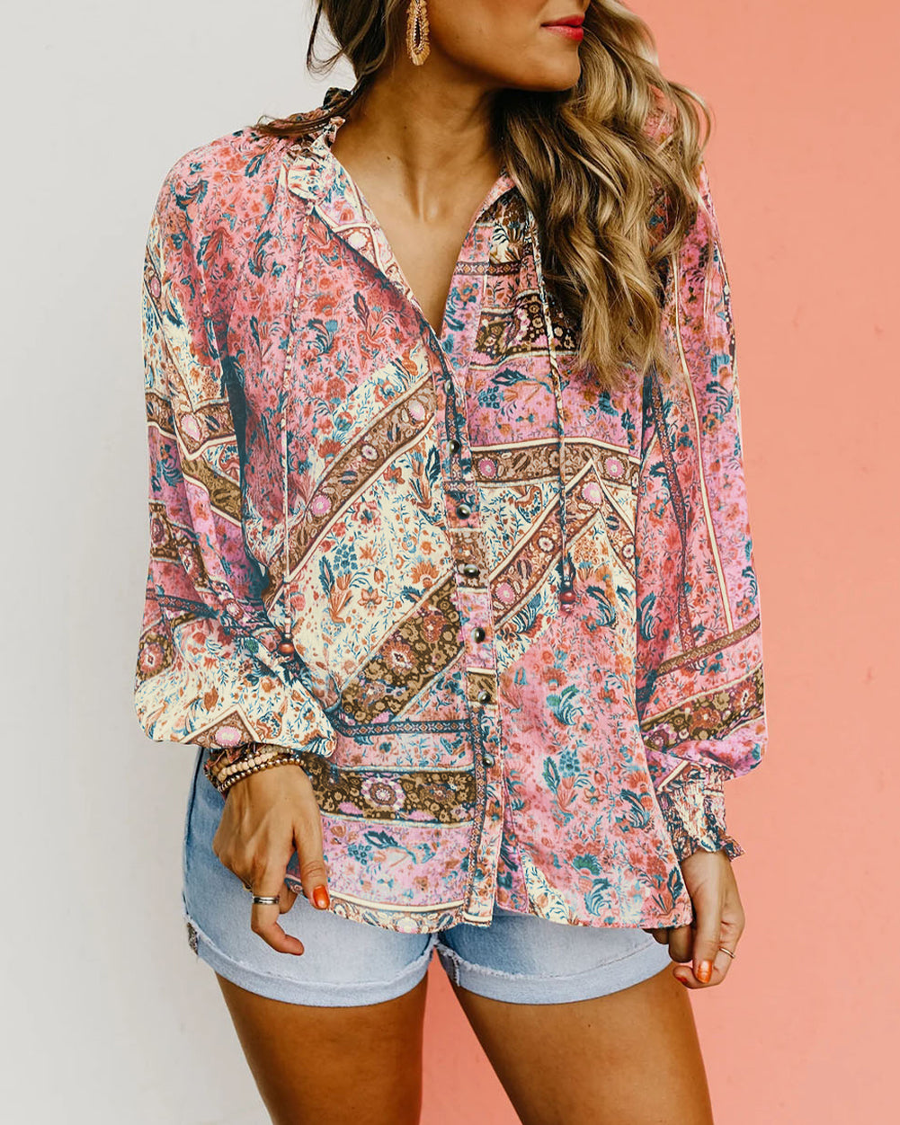 Vintage Floral Print Puff Sleeve Buttoned Shirt