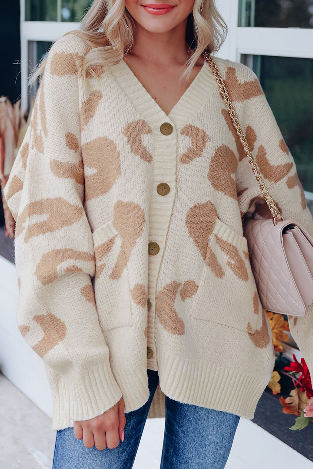 Slouchy Leopard V Neck Buttoned Cardigan