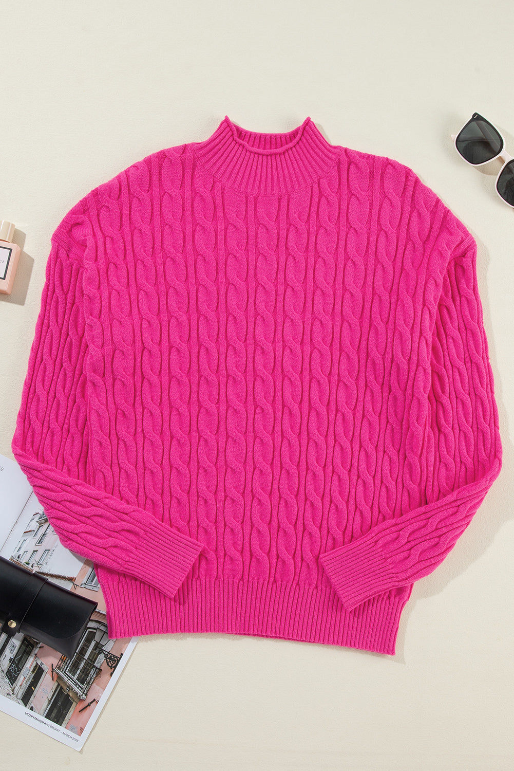Solid Cable Knit High Neck Drop Shoulder Sweater