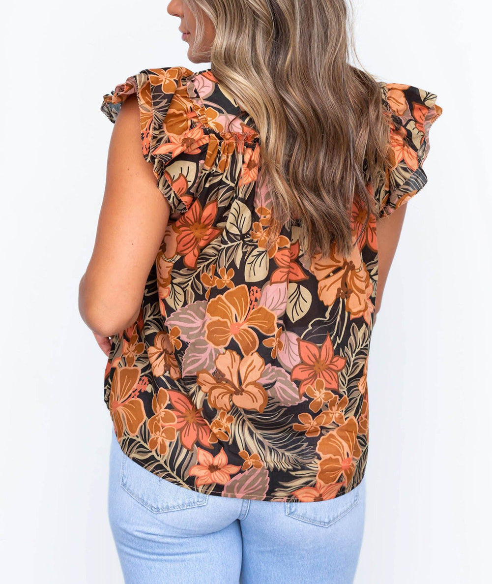 Brown Floral Flutter Sleeves Square Neck Blouse