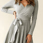 Belted V Neck Ribbed Pleated Sweater Dress