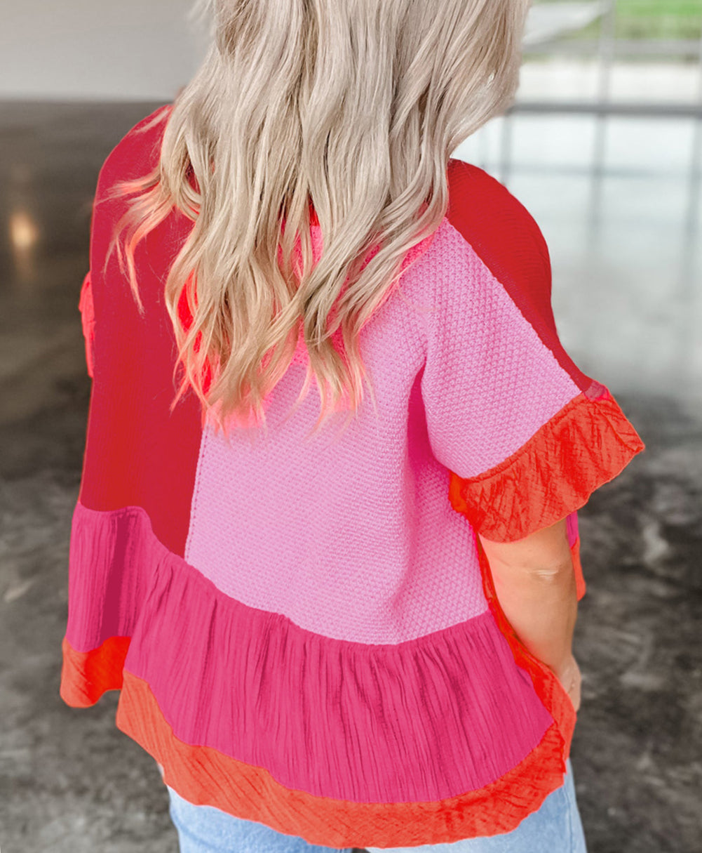 Mix Knitted Patchwork Ruffle Trim Loose Sweater