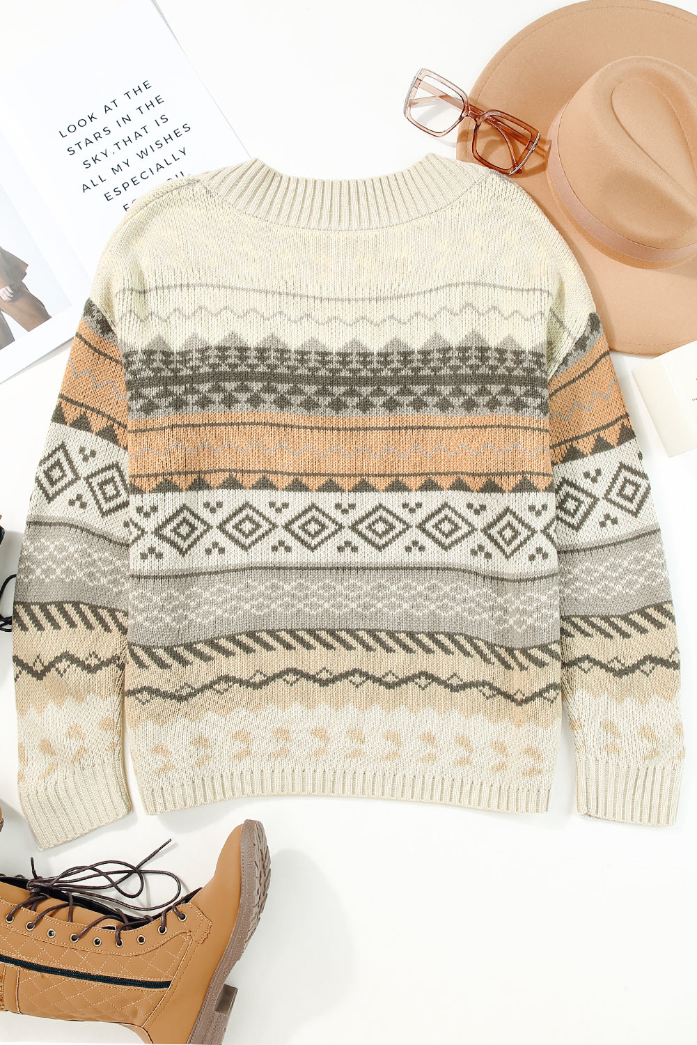 Geometric Print Ribbed Knitted V Neck Sweater
