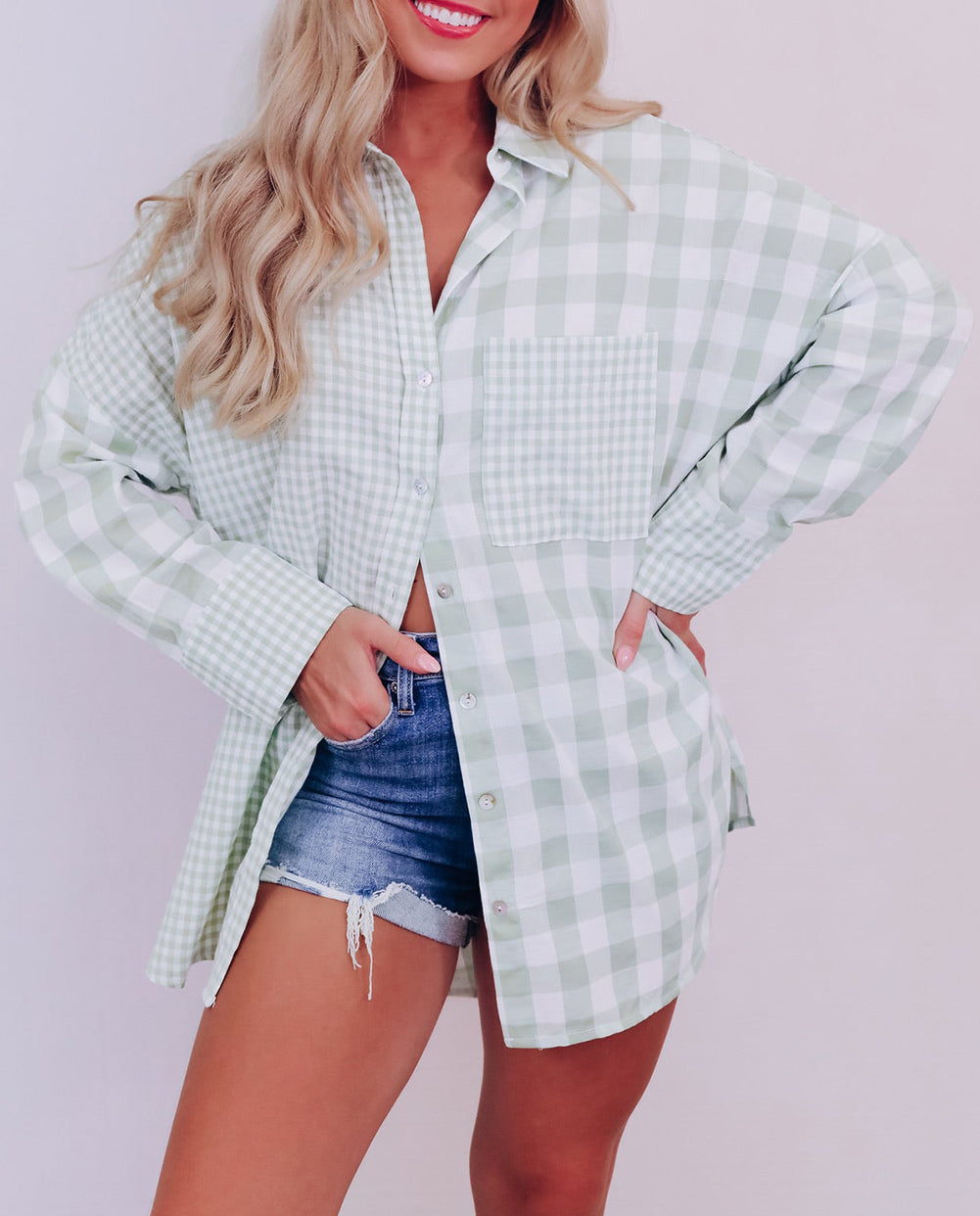 Mix Checked Patchwork Long Sleeve Shirt