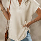 Textured V Neck Collared Short Sleeve Top