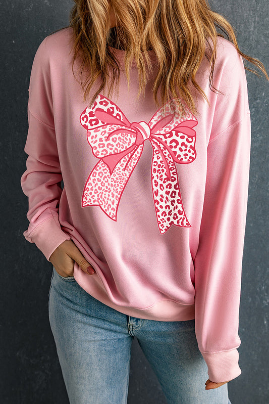 Leopard Bowknot Printed Crewneck Pullover Sweatshirt