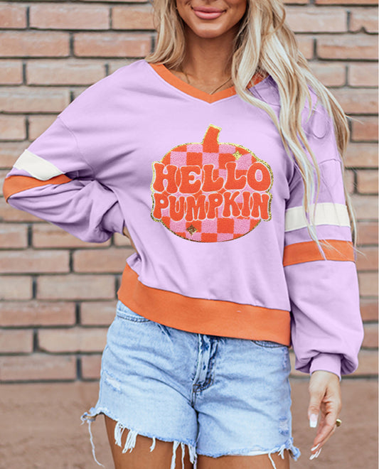 HELLO PUMPKIN Chenille Patch Graphic V Neck Sweatshirt