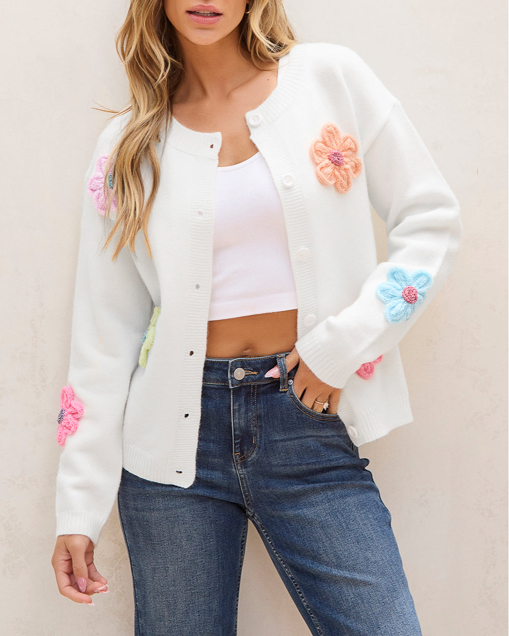 Cute Knitted Floral Pattern Button Up Cardigan