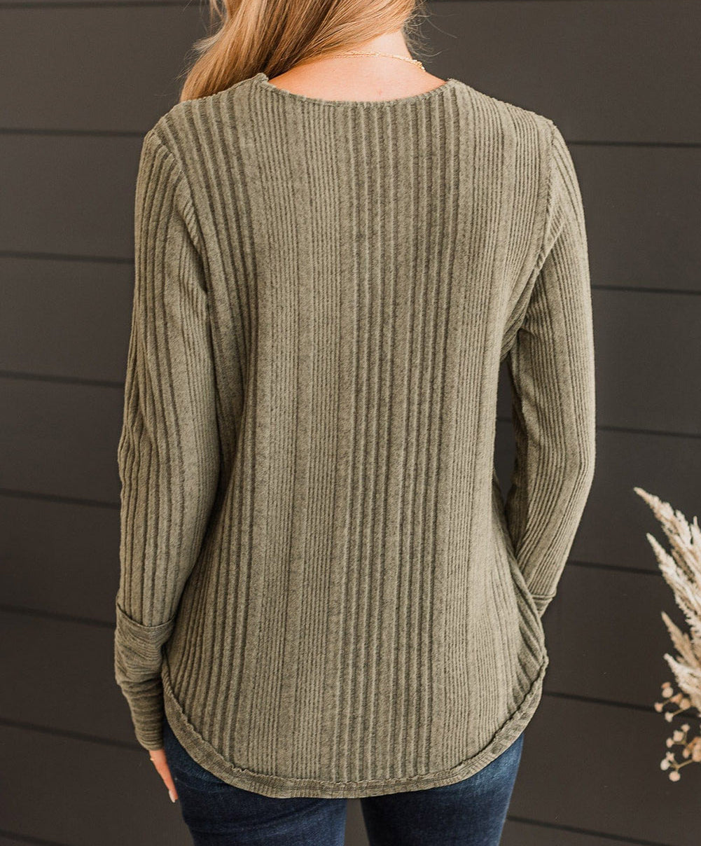 V Neck Buttoned Ribbed Knit Top