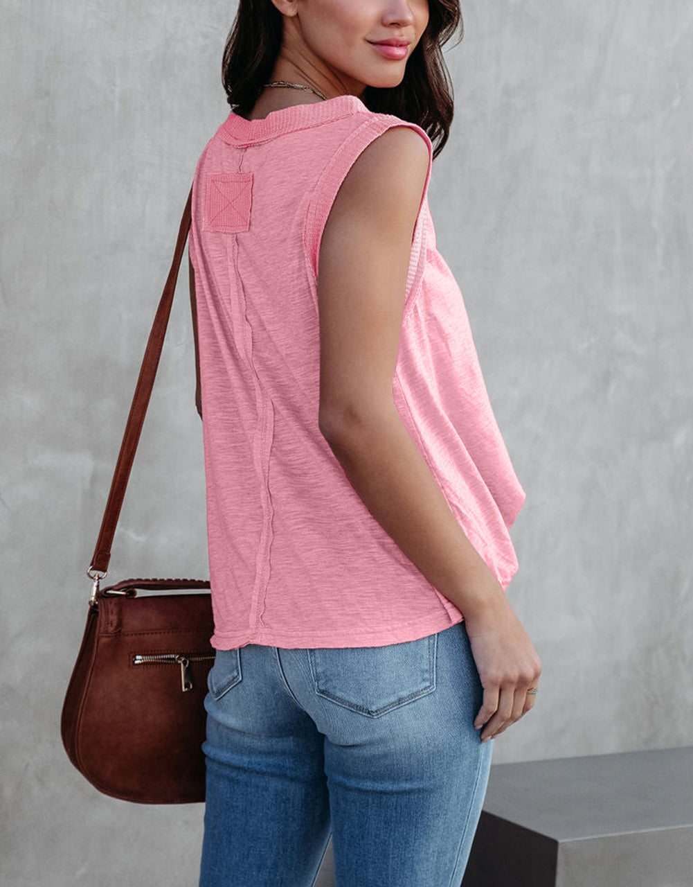 Pink V Neck Ribbed Trimming Tank Top