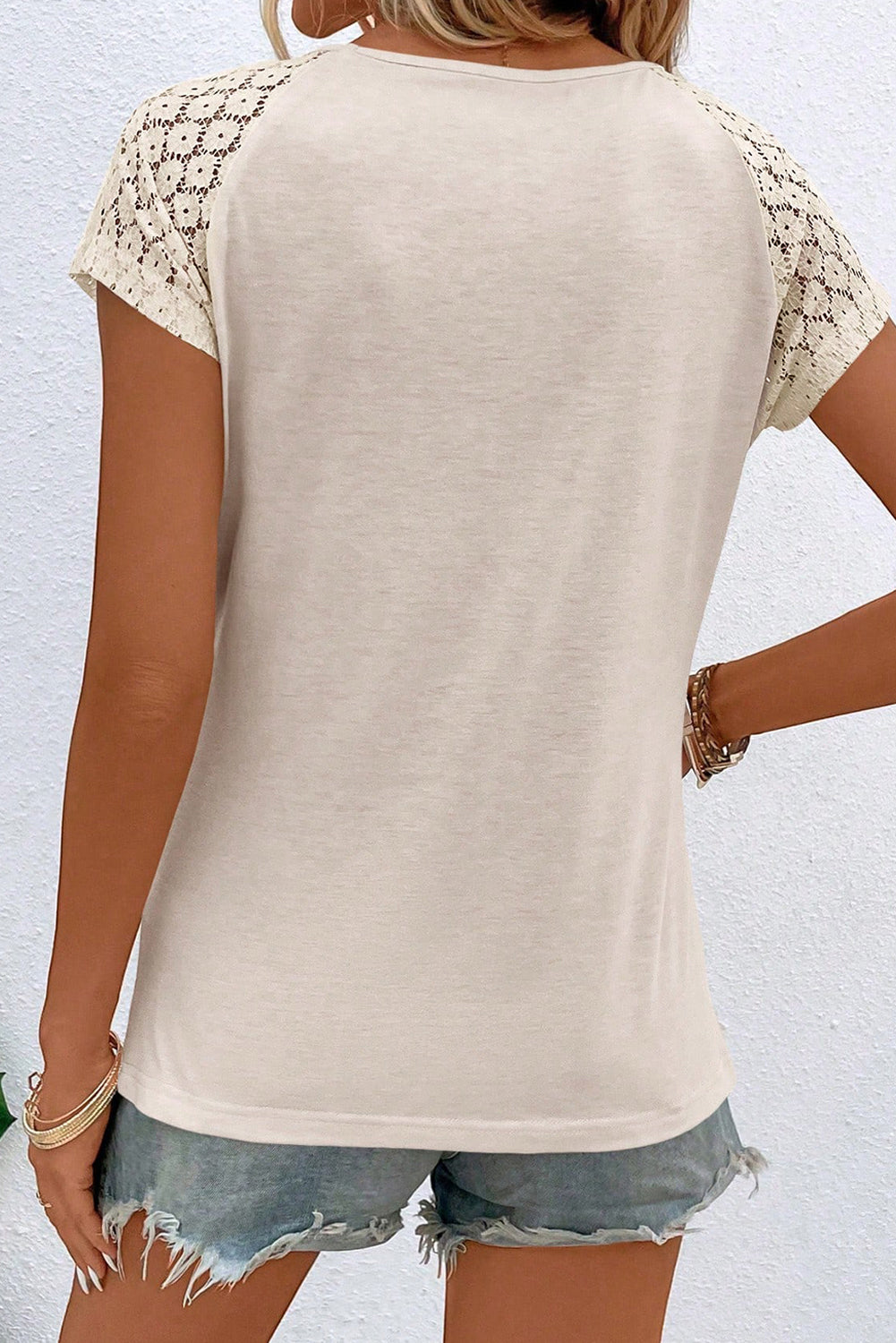 Contrast Lace Sleeve Keyhole Decor Top