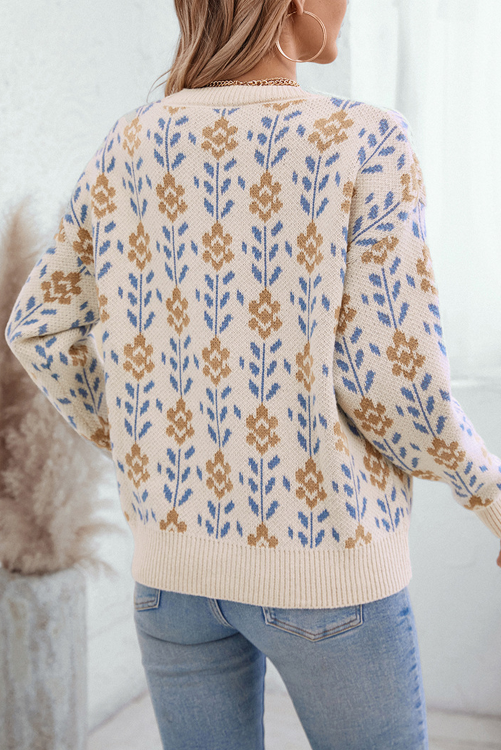 Floral Pattern Crew Neck Sweater