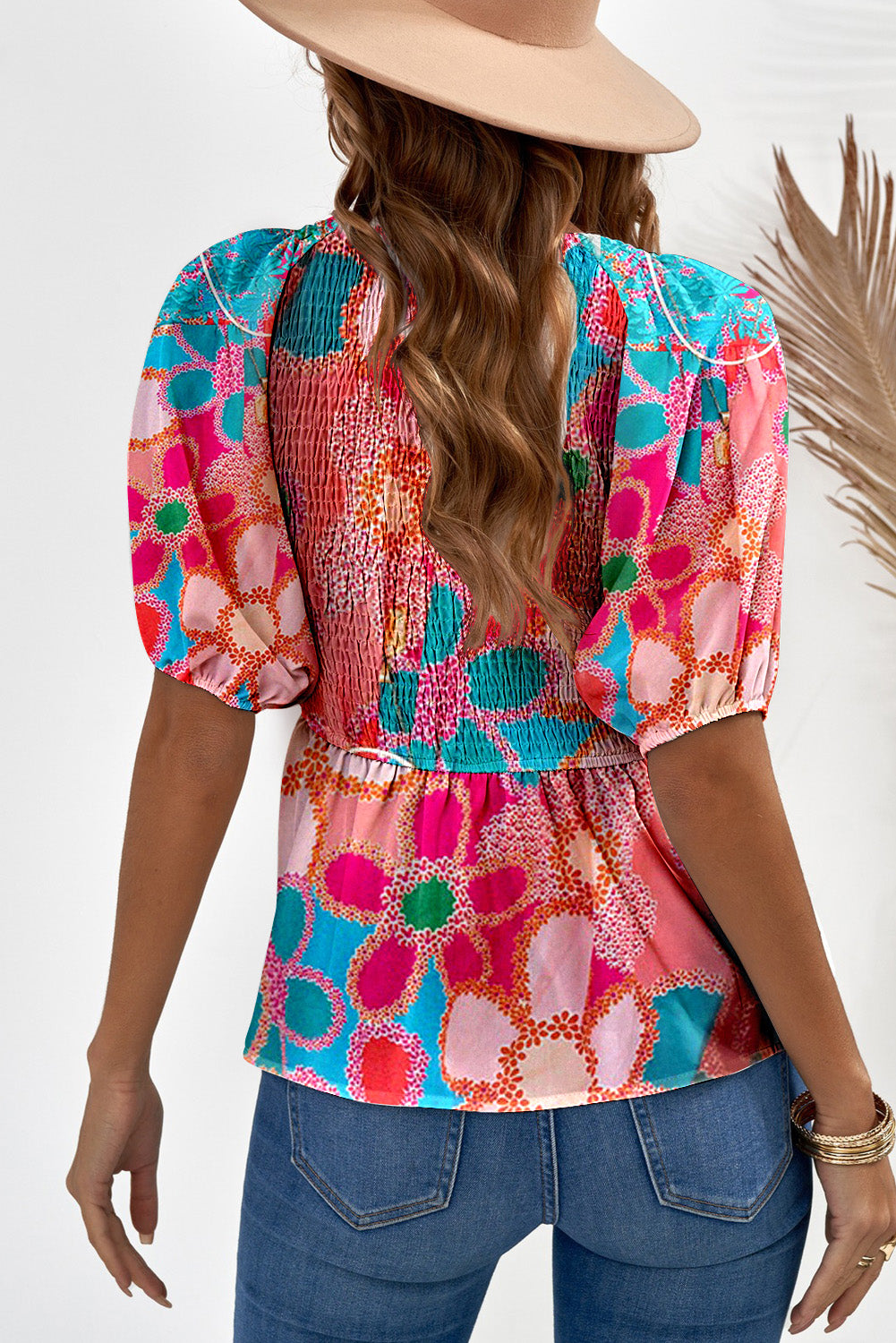 Boho Flower Print Puff Sleeve Peplum Top