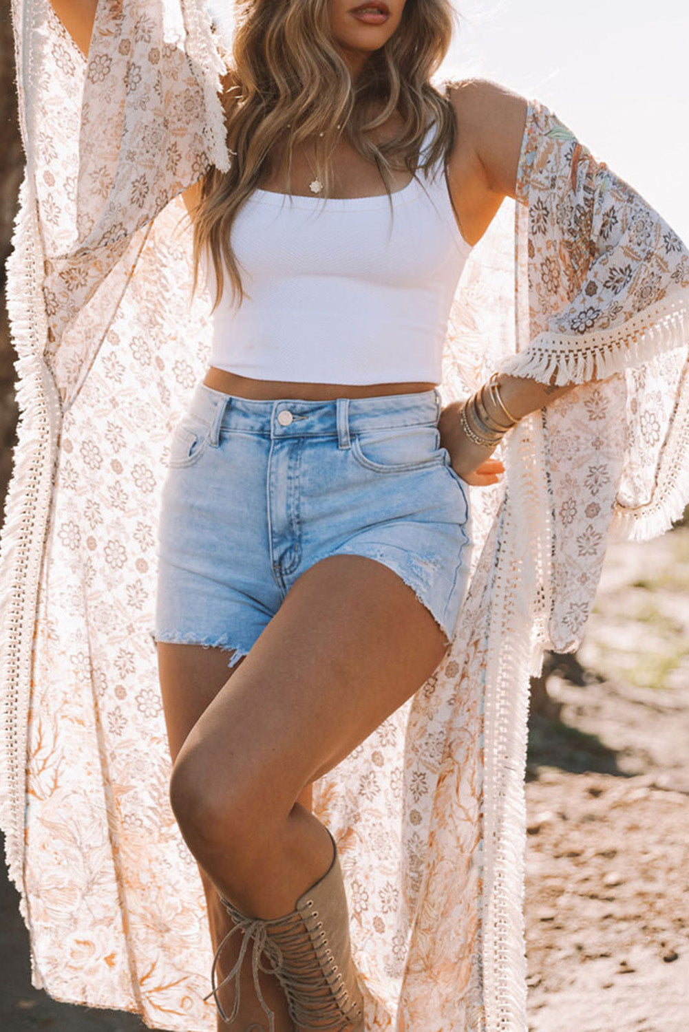 Beige Tassel Trim Split Sleeve Boho Print Kimono