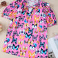 Butterfly Print Ruffled Puff Sleeve Tied V Neck Blouse