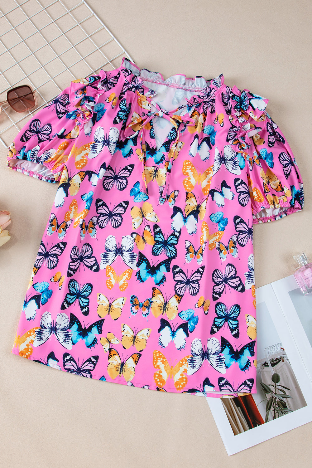 Butterfly Print Ruffled Puff Sleeve Tied V Neck Blouse
