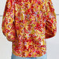 Frilled Split Neck Bubble Sleeve Floral Blouse
